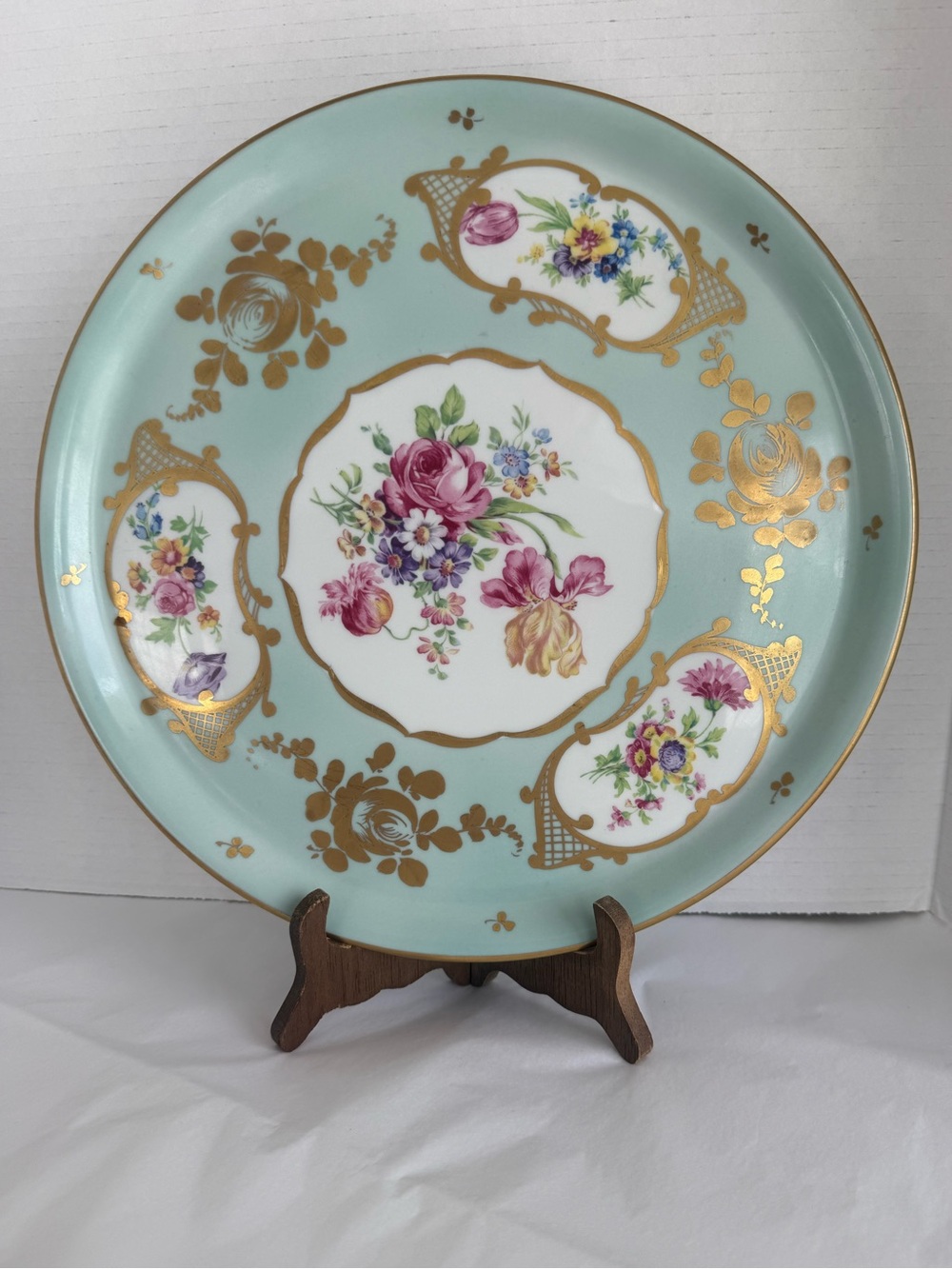 Limoges France Aqua + Gold Floral Decorative Plate Sevres Style 12.25" Diameter